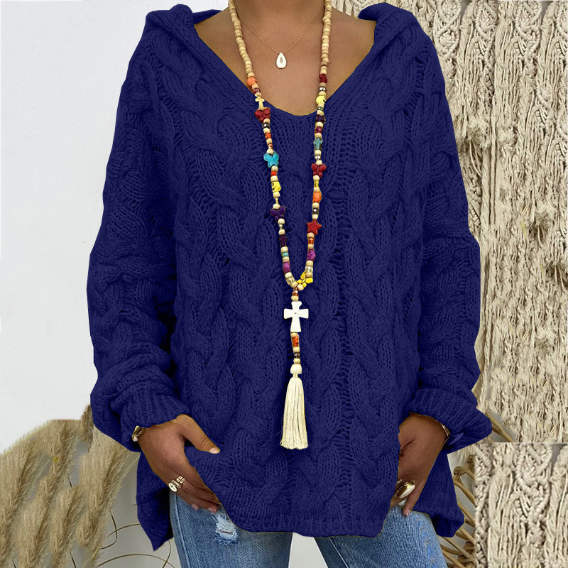 Women's Cable-Knit Hooded Sweater, Pure Color Pullover