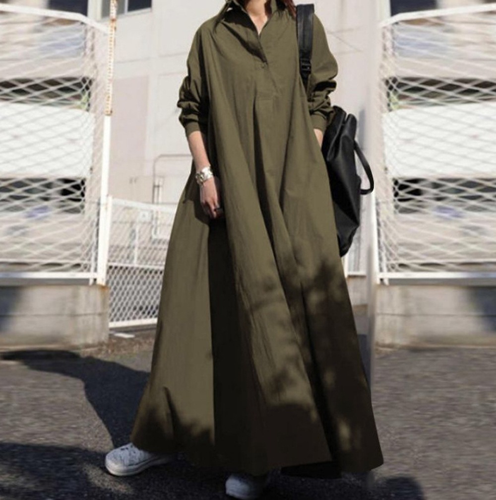 Women's Sweet Retro Long Sleeve Collared Loose A-Line Dress