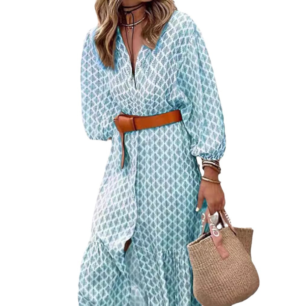 Floral Print V-Neck Lantern Sleeve Slit Dress