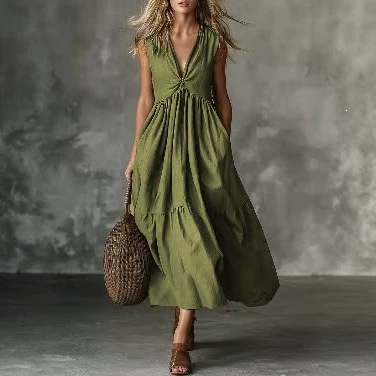 Solid Sleeveless Deep V-Neck A-Line Maxi Dress