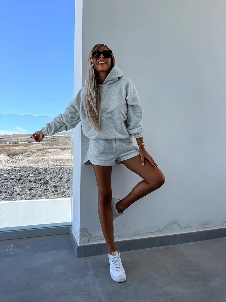 Women's Casual Hoodie and Shorts Set Loose Long Sleeve Solid Color