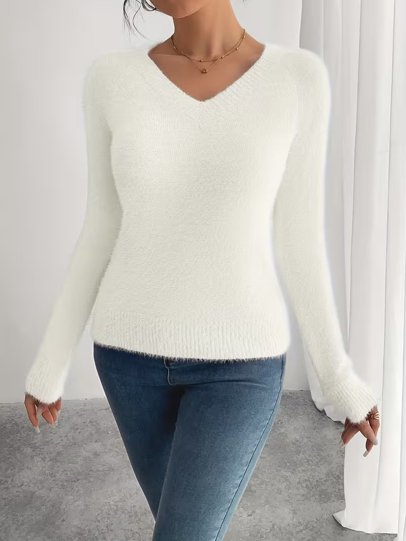 Women's V-Neck Solid Knit Sweater Soft Warm Pullover