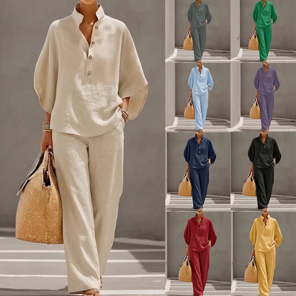 Women's Casual Solid Color Shirt and Pants Set
