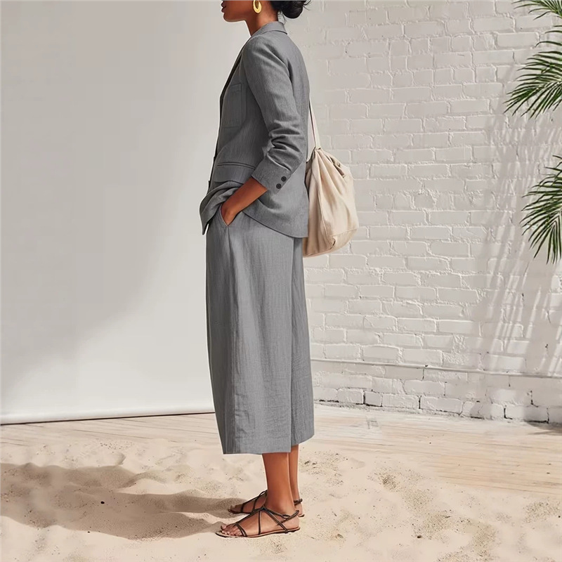 Elegant Linen-Blend Blazer & Wide-Leg Pants Set