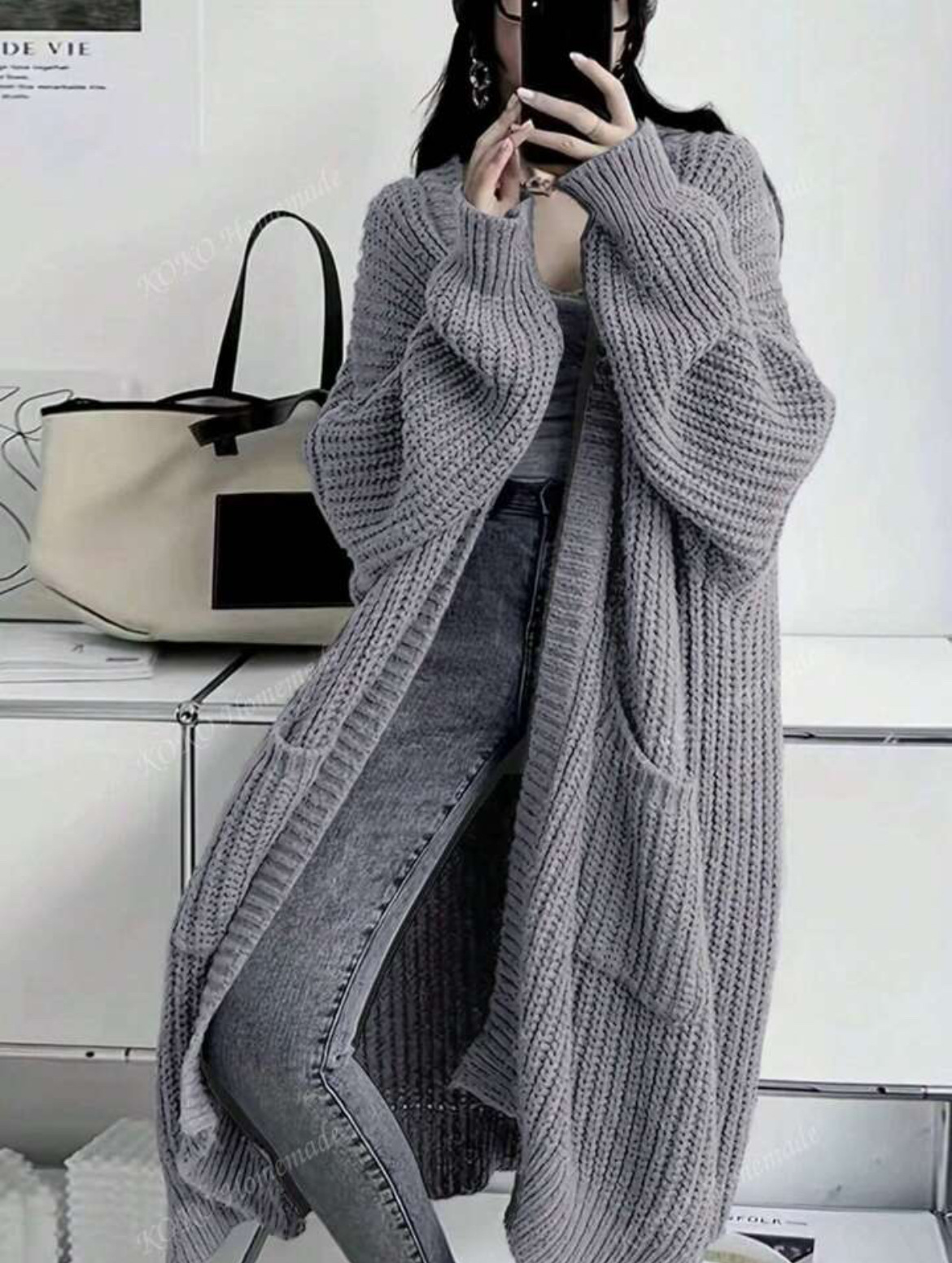 Women's Long Over-Knee Knit Cardigan Loose V-Neck Open Front Sweater Coat