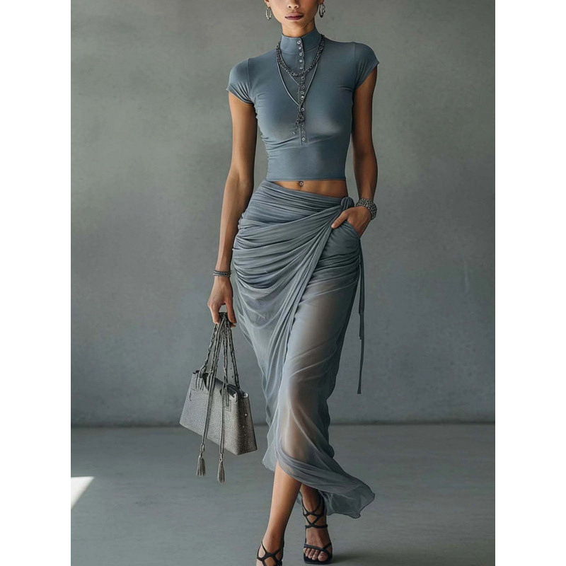 Slim-Fit Mock-Neck Top and Chiffon Skirt Two-Piece Set