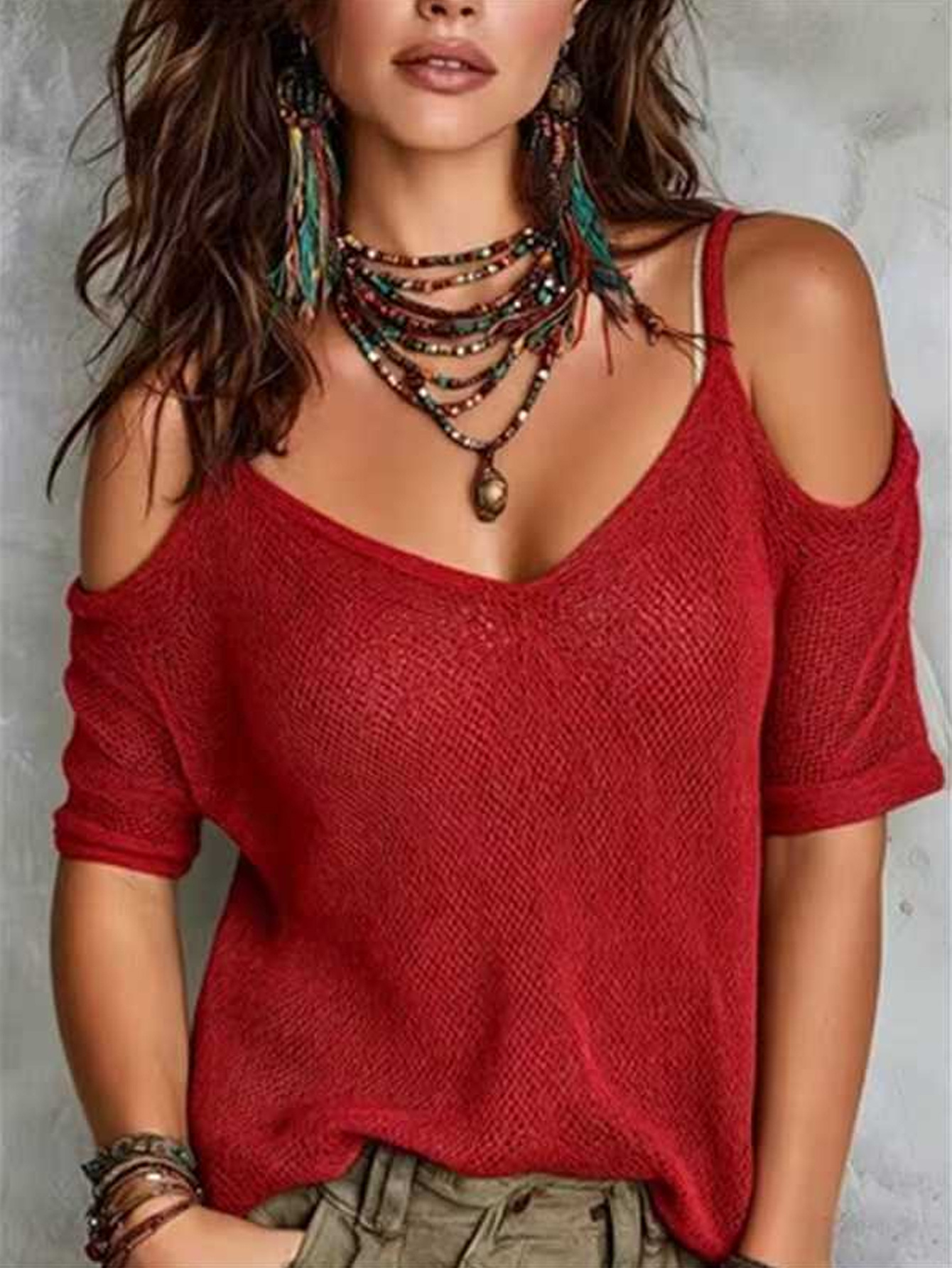 Women's Off-Shoulder Knit Top Short Sleeve Solid Color
