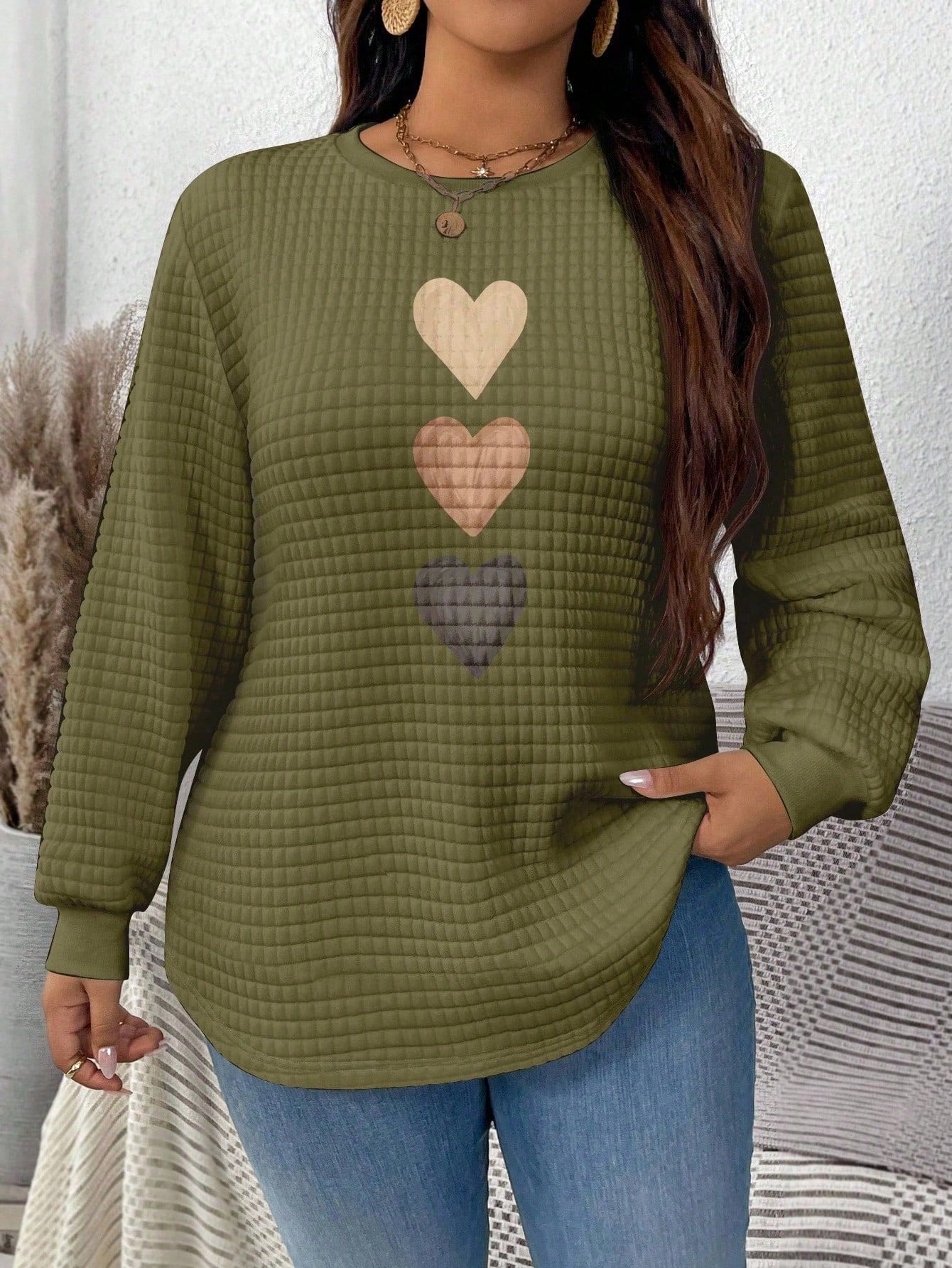 Waffle Knit Heart Print Crewneck Sweatshirt for Women