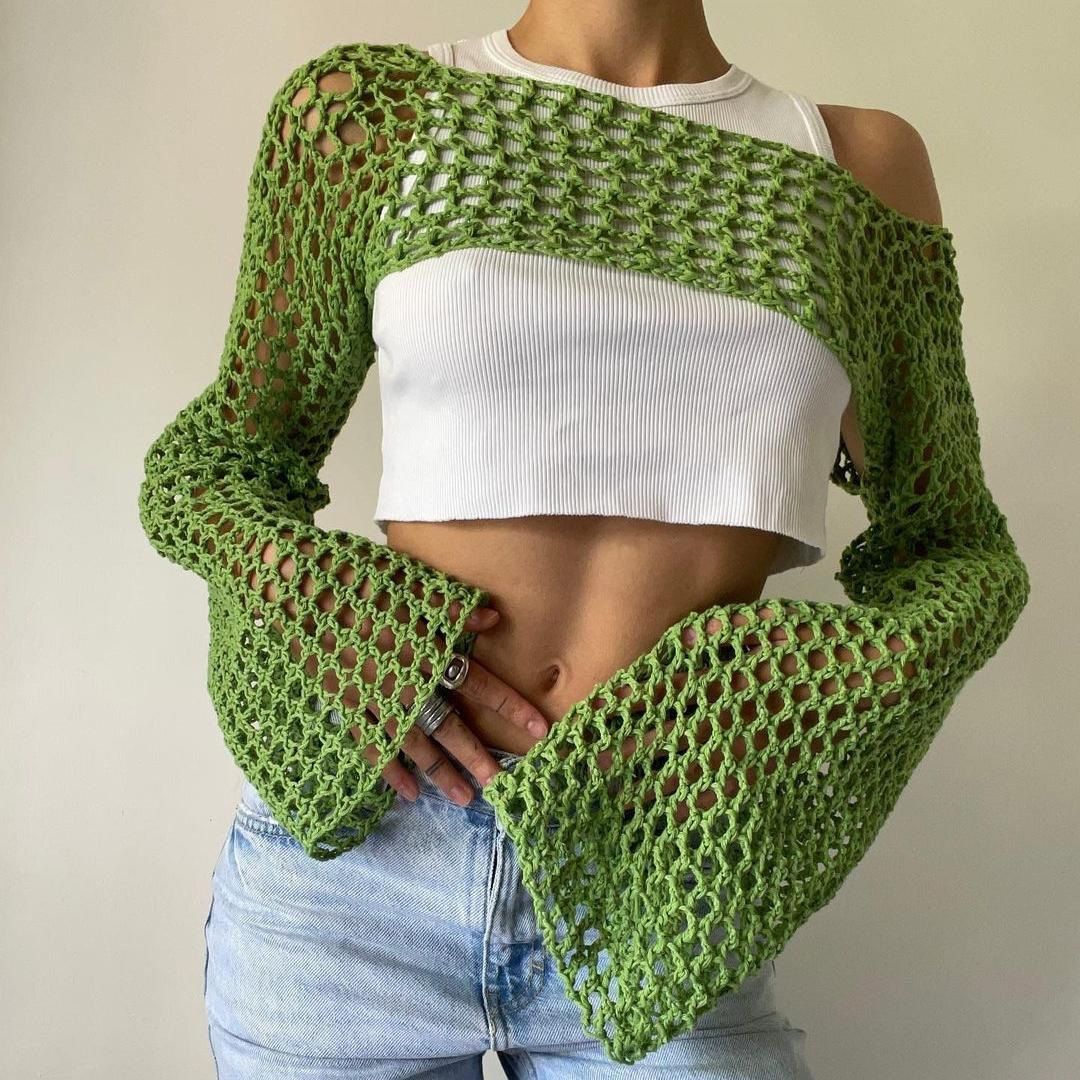 Women's Crochet Mesh Crop Top with Bell Sleeves