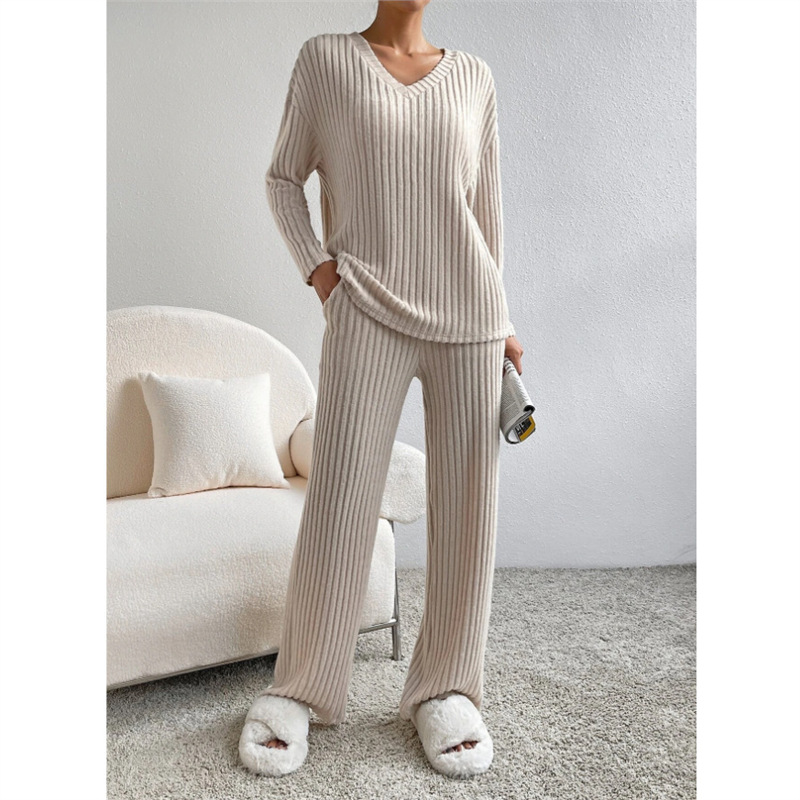 Women's Two-Piece V-Neck Knit Top and Straight-Leg Pants Set