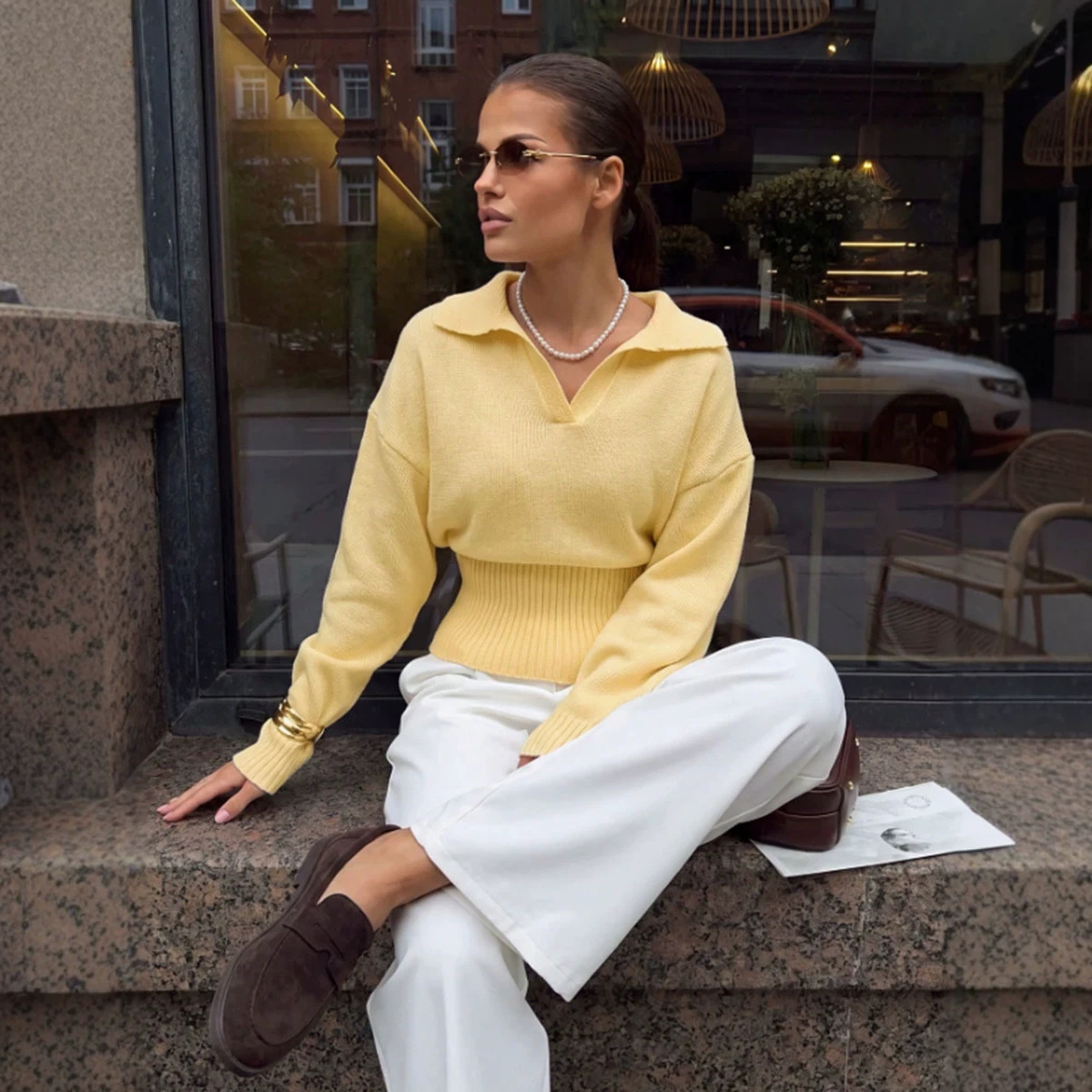 Women's V-Neck Fitted Waist Loose Long Sleeve Pullover Top