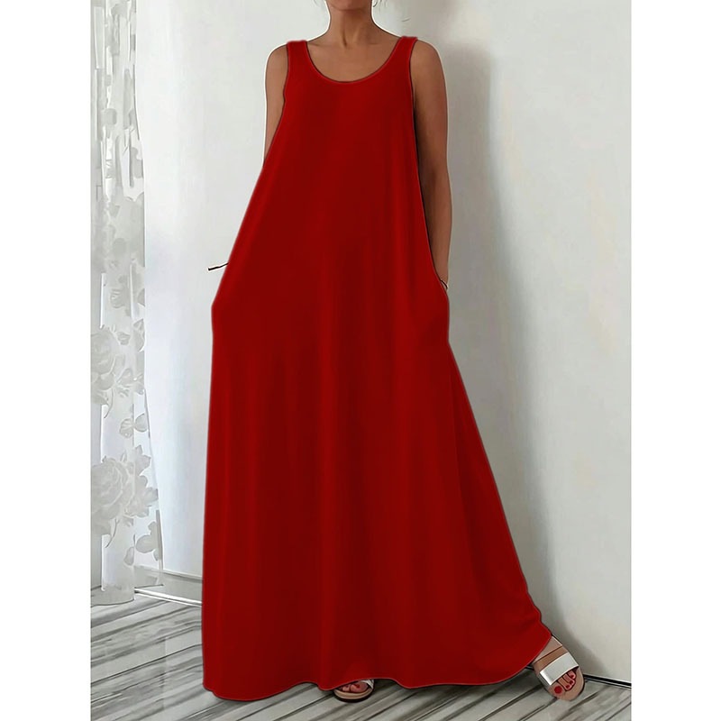 Women's Summer Sleeveless Solid Color Long Dress Casual Slim Fit