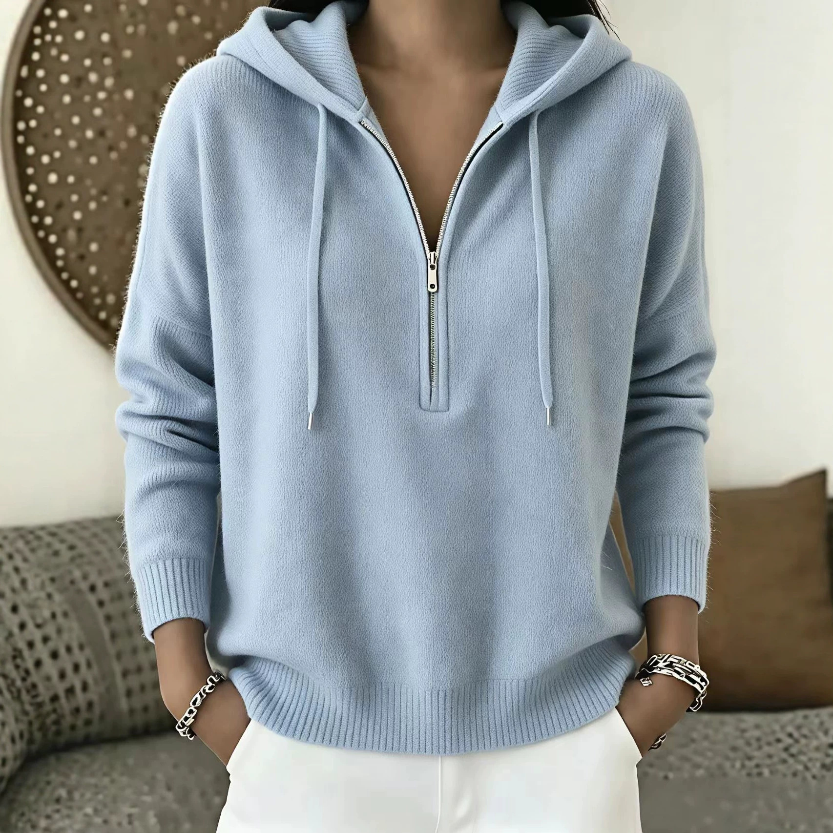 Women's Half-Zip Hooded Sweater Solid Color Loose Fit Pullover