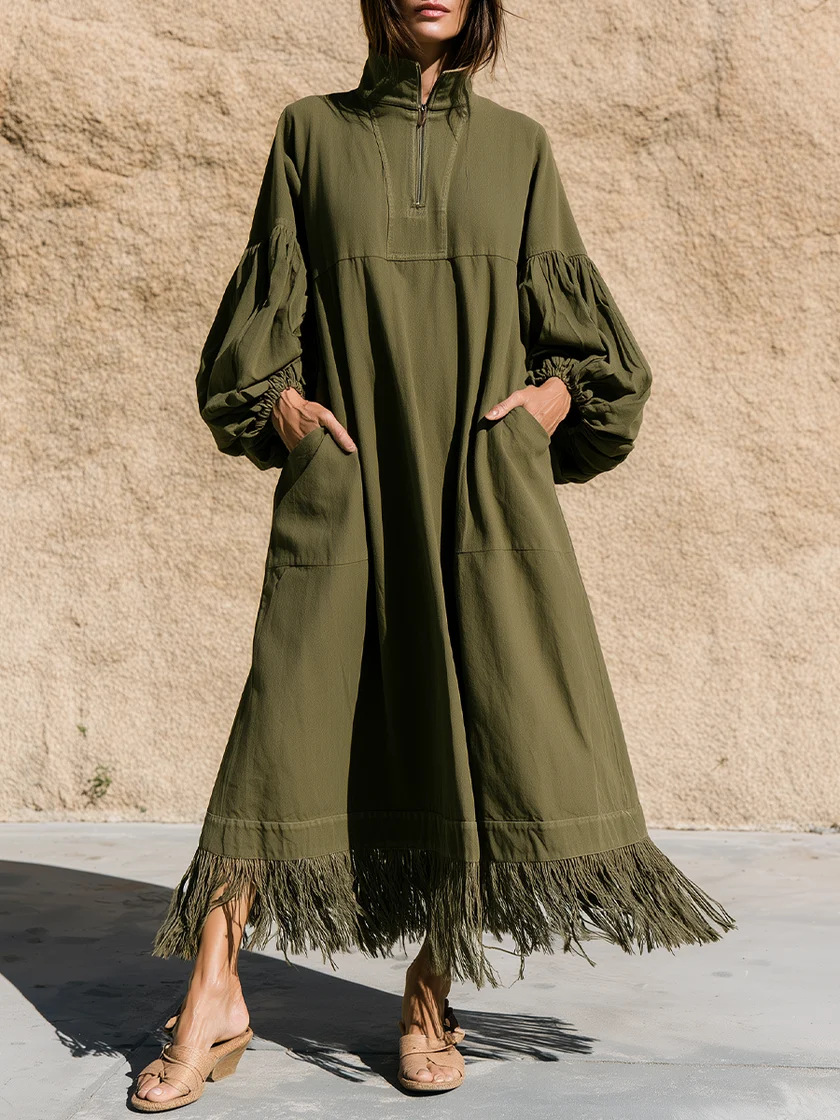 Women's Stand Collar Zip Lantern Sleeve Loose Dress with Fringe Hem