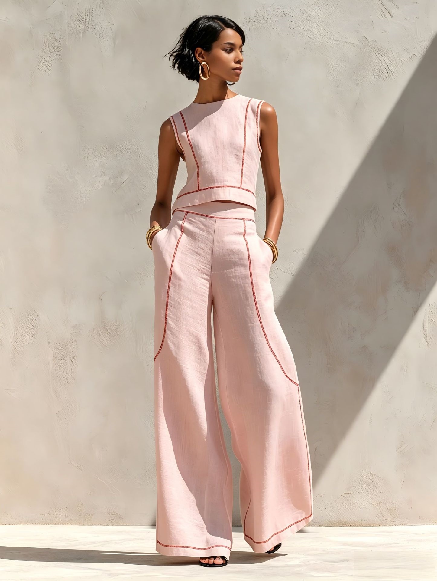 Women's Sleeveless Colorblock Wide-Leg Pants Set Casual Two-Piece