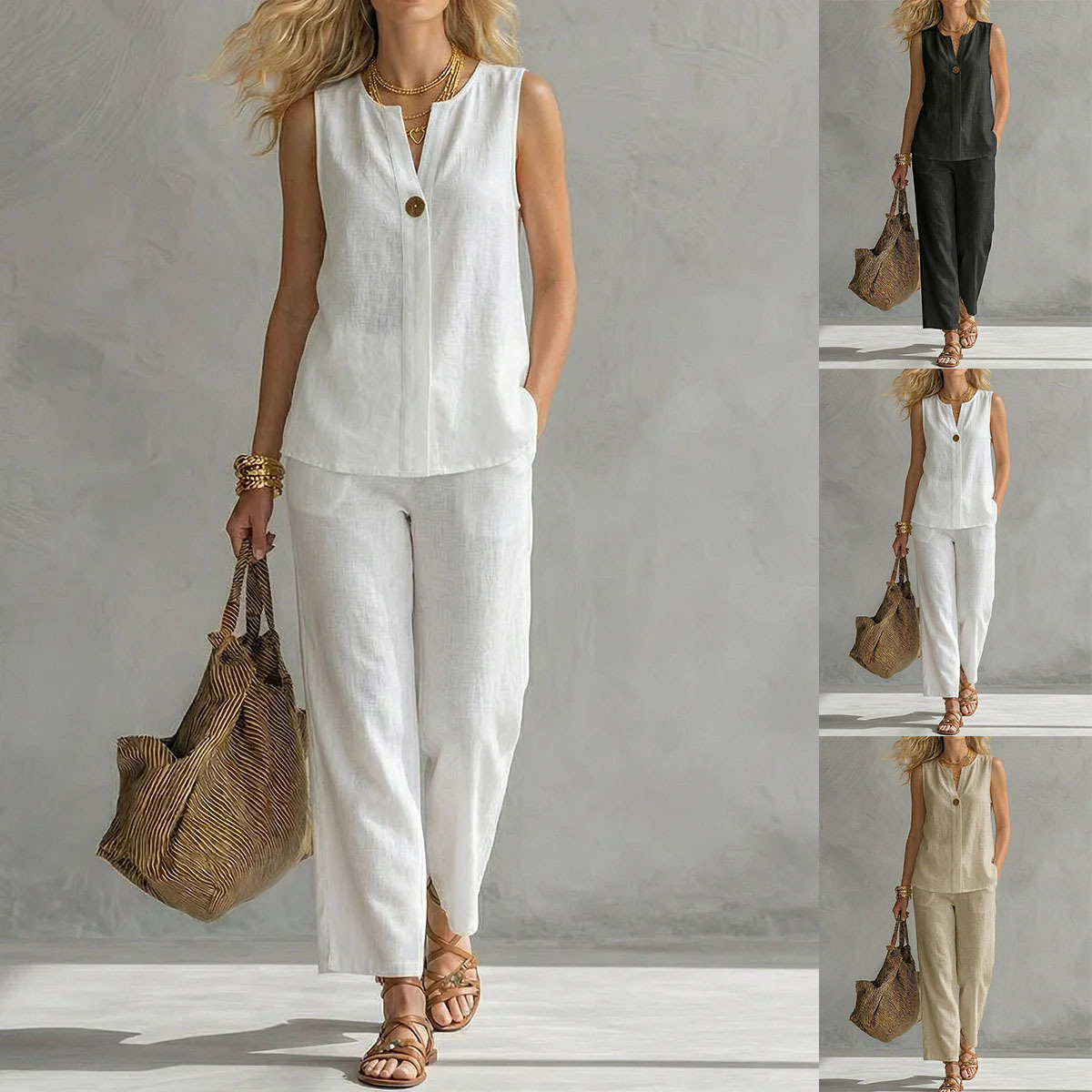 Women's Cotton Linen Sleeveless V-Neck Top and Pants Set Solid Color