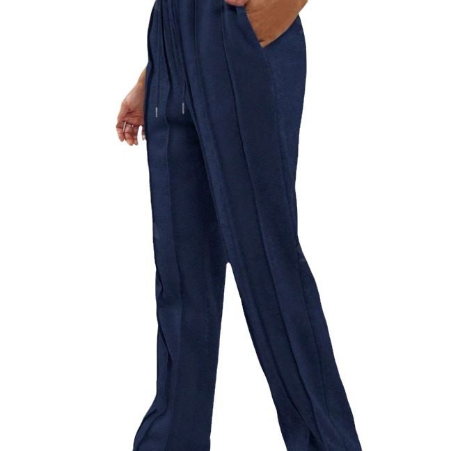 Women's Casual Drawstring Straight-Leg Track Pants with Vertical Stripes