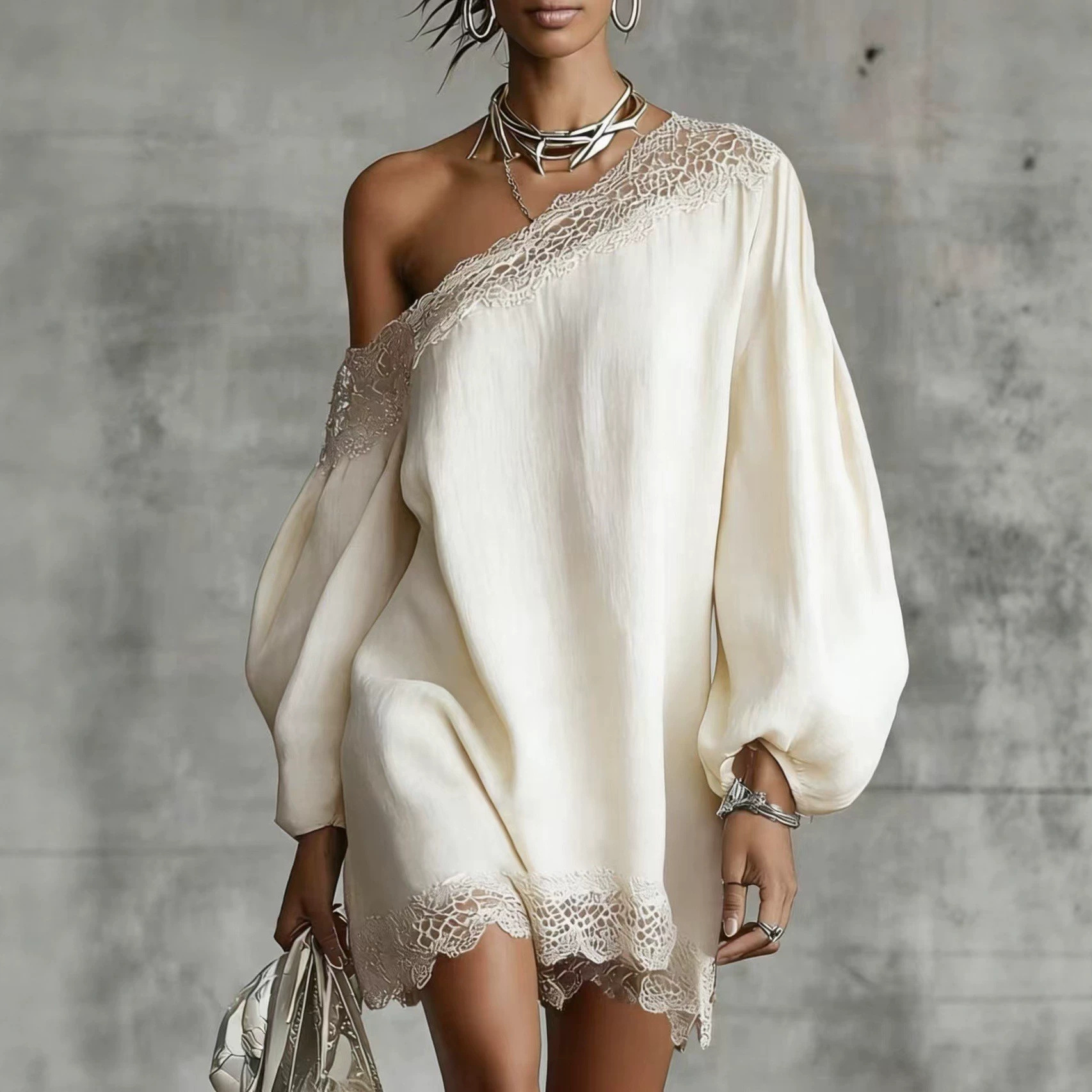 Lace Panel One-Shoulder Long Sleeve Loose Casual Dress