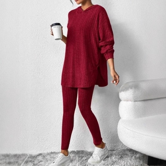Women's Ribbed Knit Hooded Long Sleeve Lounge Set