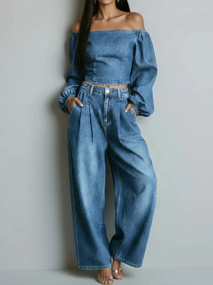 Faux Denim Two-Piece Set Long Sleeve Top & Pants Casual Loose Fit