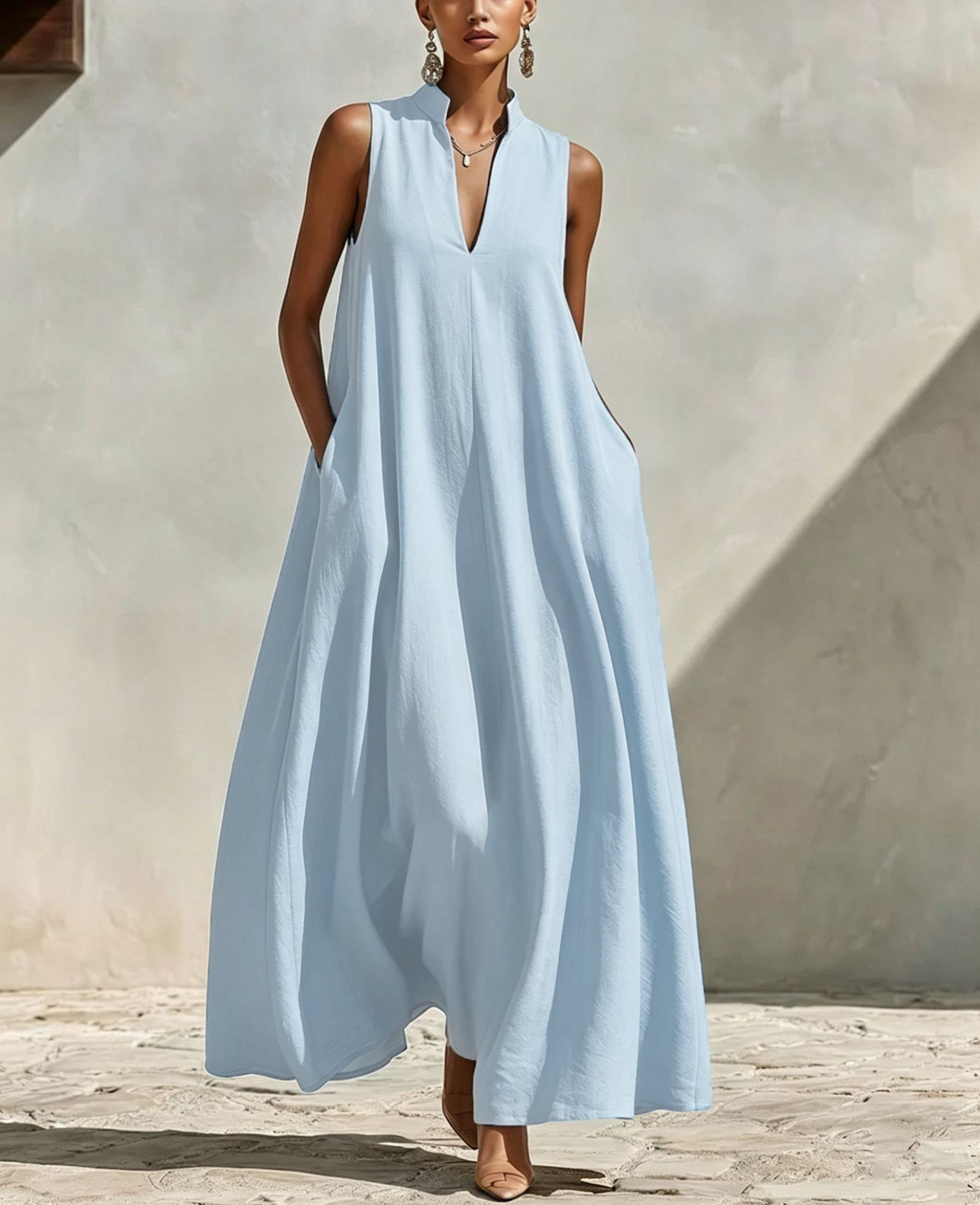 Women's Stand Collar Sleeveless A-Line Maxi Dress Loose Fit Vacation