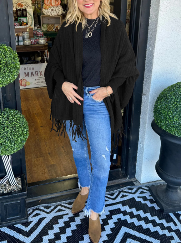 Women's Solid Knit Fringe Shawl Cardigan