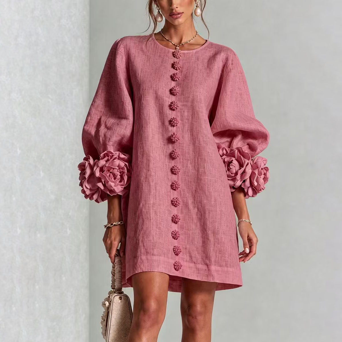 Women's French Style 3D Floral Lantern Sleeve Dress