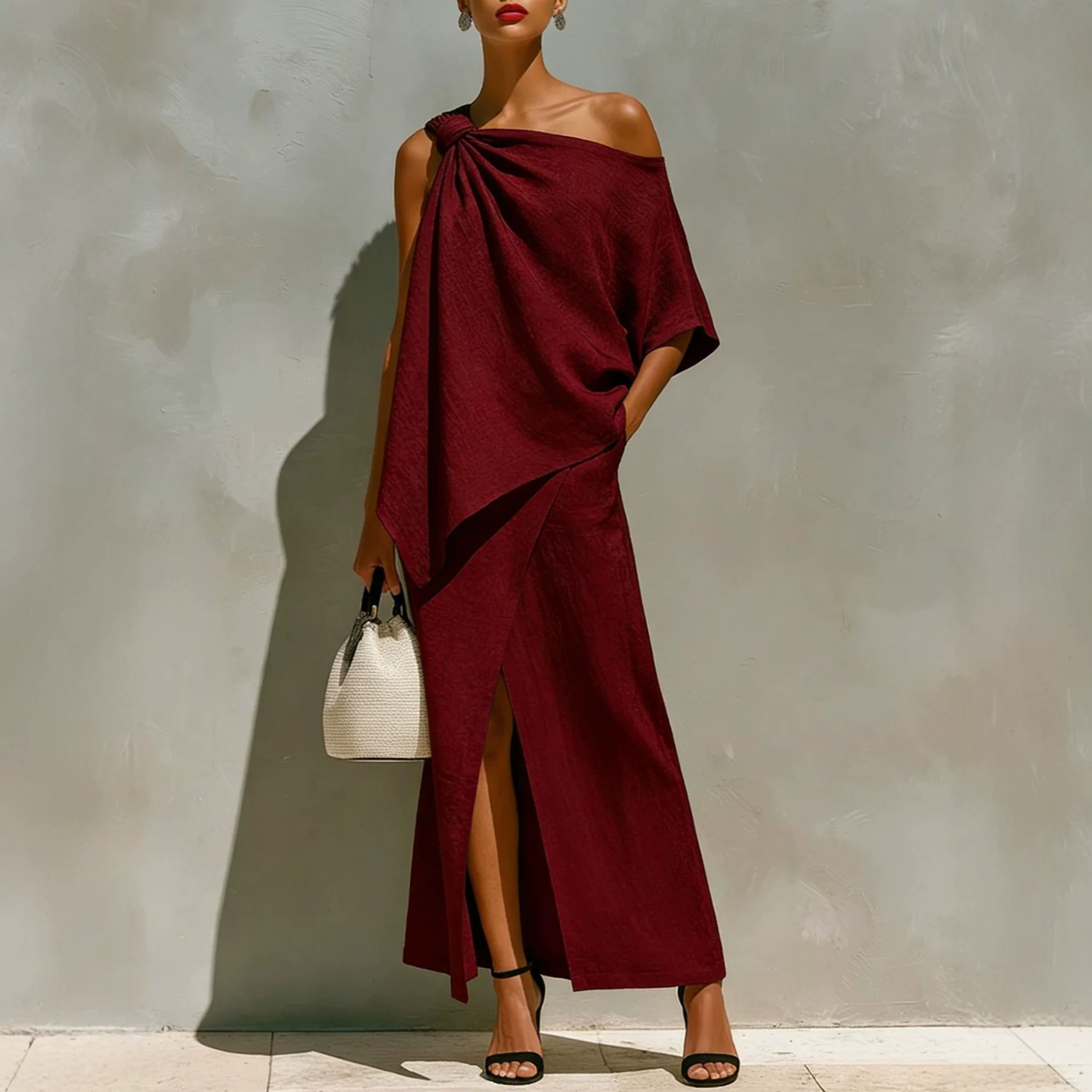 Women's Solid Color One-Shoulder Knot Front Slit Irregular Two-Piece Set