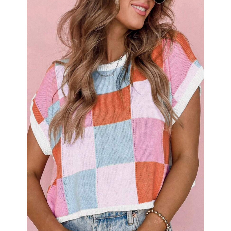 Color Block Checkered Cropped Knit Top