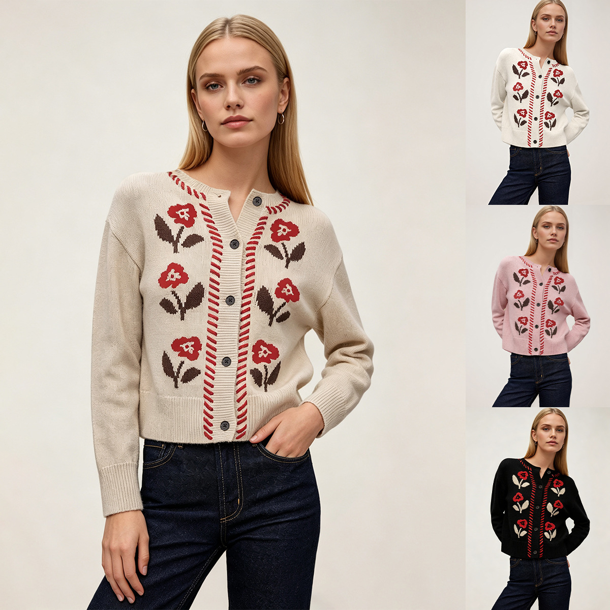 Floral Jacquard Knit Cardigan Women Round Neck Button Long Sleeve