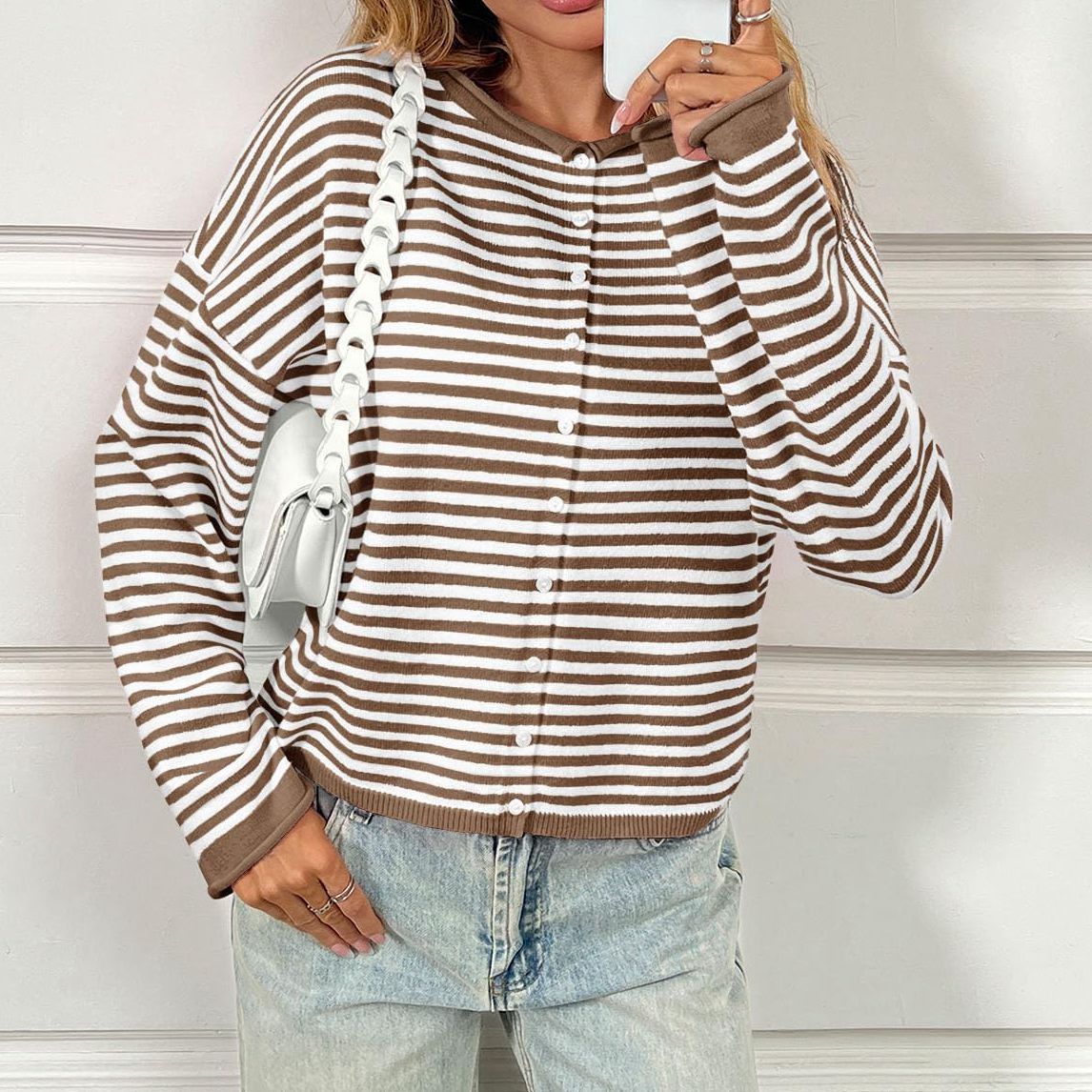 Women's Striped Colorblock Knit Cardigan Long Sleeve Casual