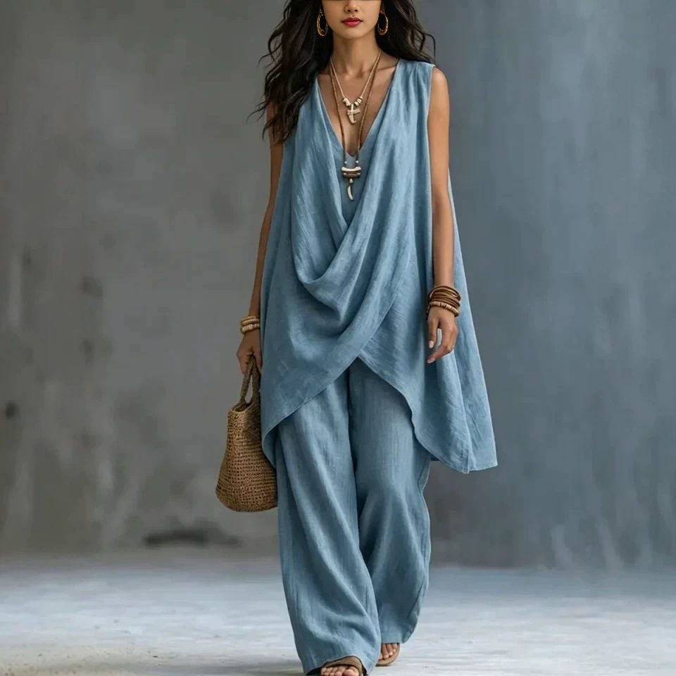 Women's Sleeveless Stand Collar Cotton Linen Two-Piece Set