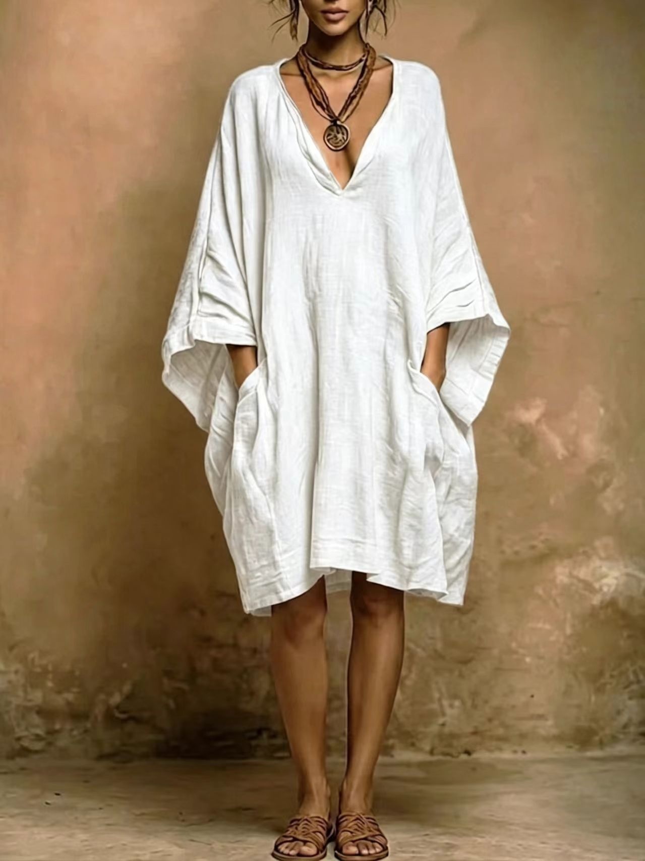 Boho Solid Color Dress with V-Neck, Batwing Sleeves, and Pockets