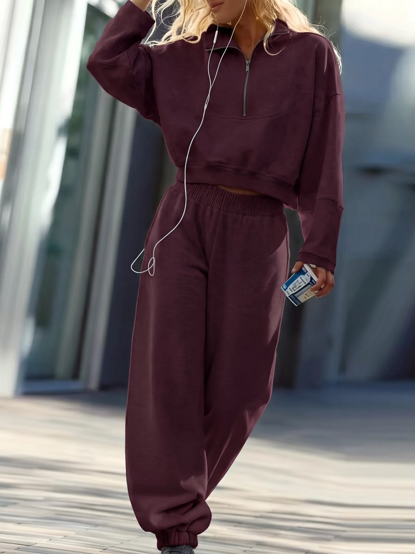 Women's Half-Zip Pullover Sweatshirt and Pants Set Casual Solid Color