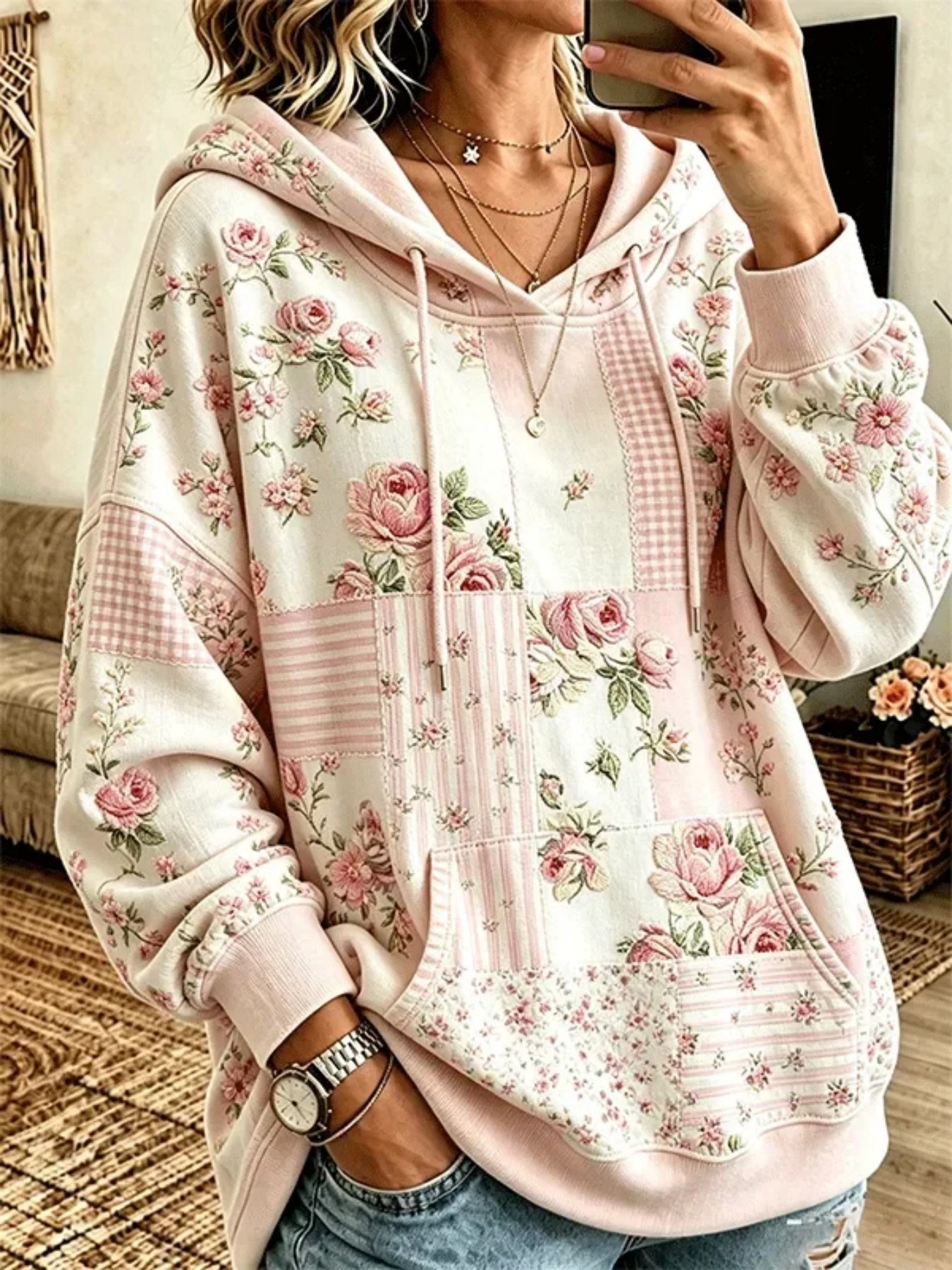 Retro Floral Plaid 3D Print Hoodie Loose Casual Top