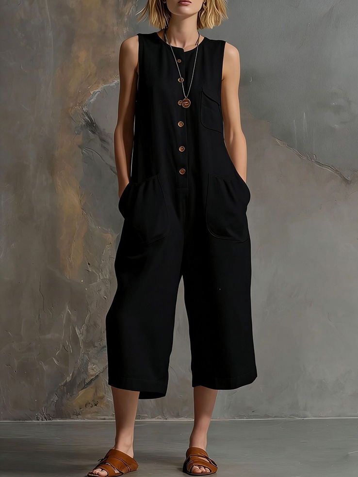 Women's Sleeveless Solid Color Cropped Jumpsuit Casual Relaxed Fit