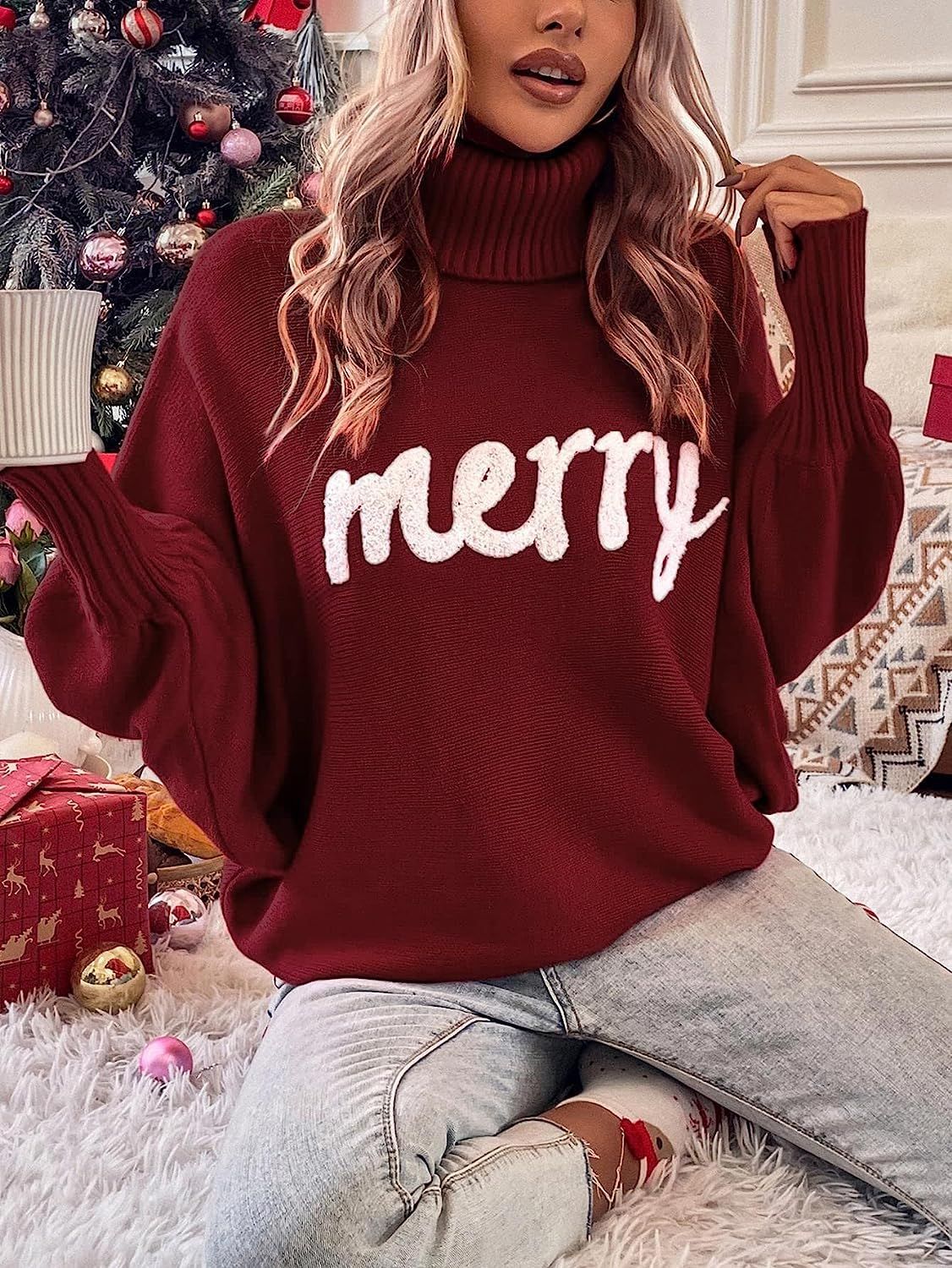 Women's Christmas Turtleneck Sweater with Batwing Sleeves