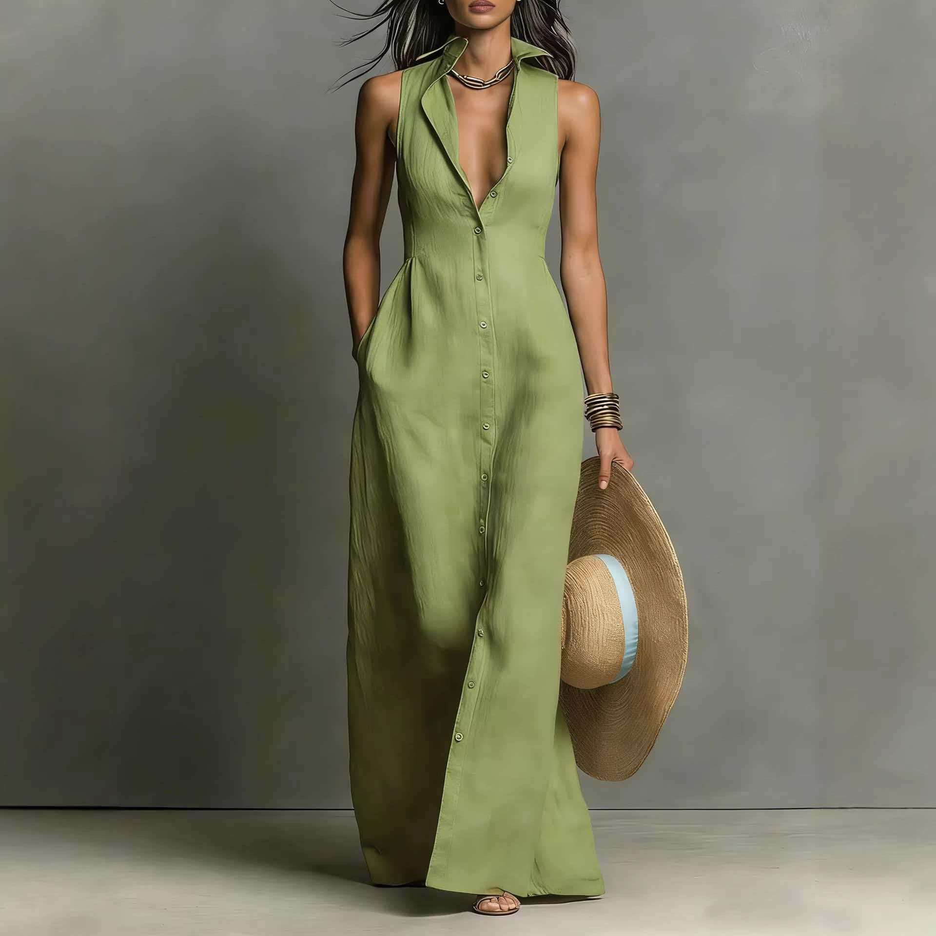 Solid V-Neck Sleeveless Shirt Dress