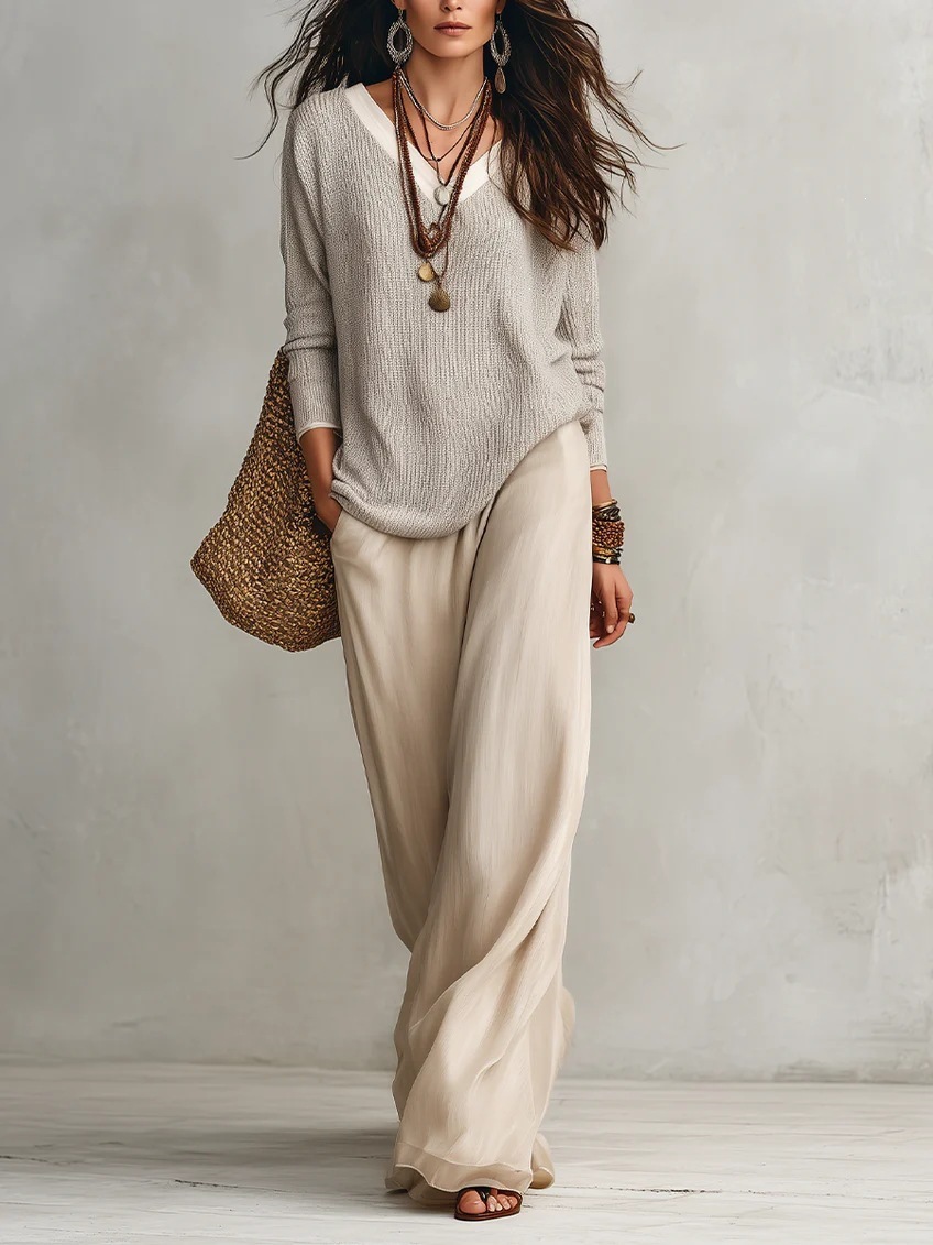 Women's Layered Top & Wide-Leg Pants Casual Set