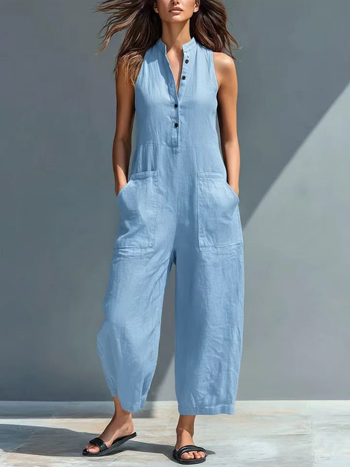 Women's Sleeveless Stand Collar Pocket Jumpsuit