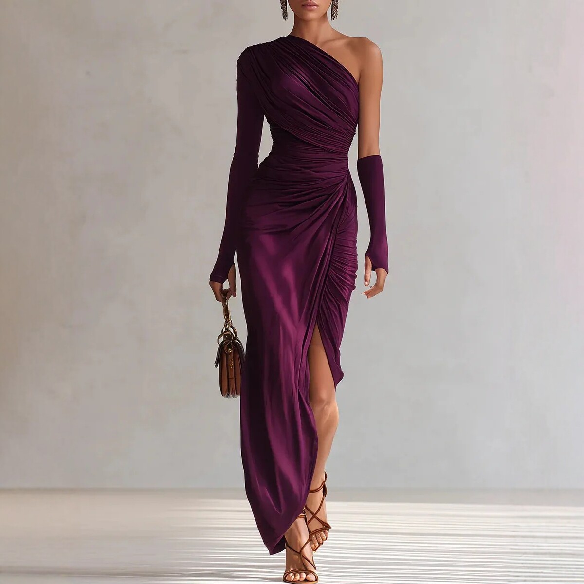 Purple Ruched One-Shoulder Long Sleeve Bodycon Maxi Dress