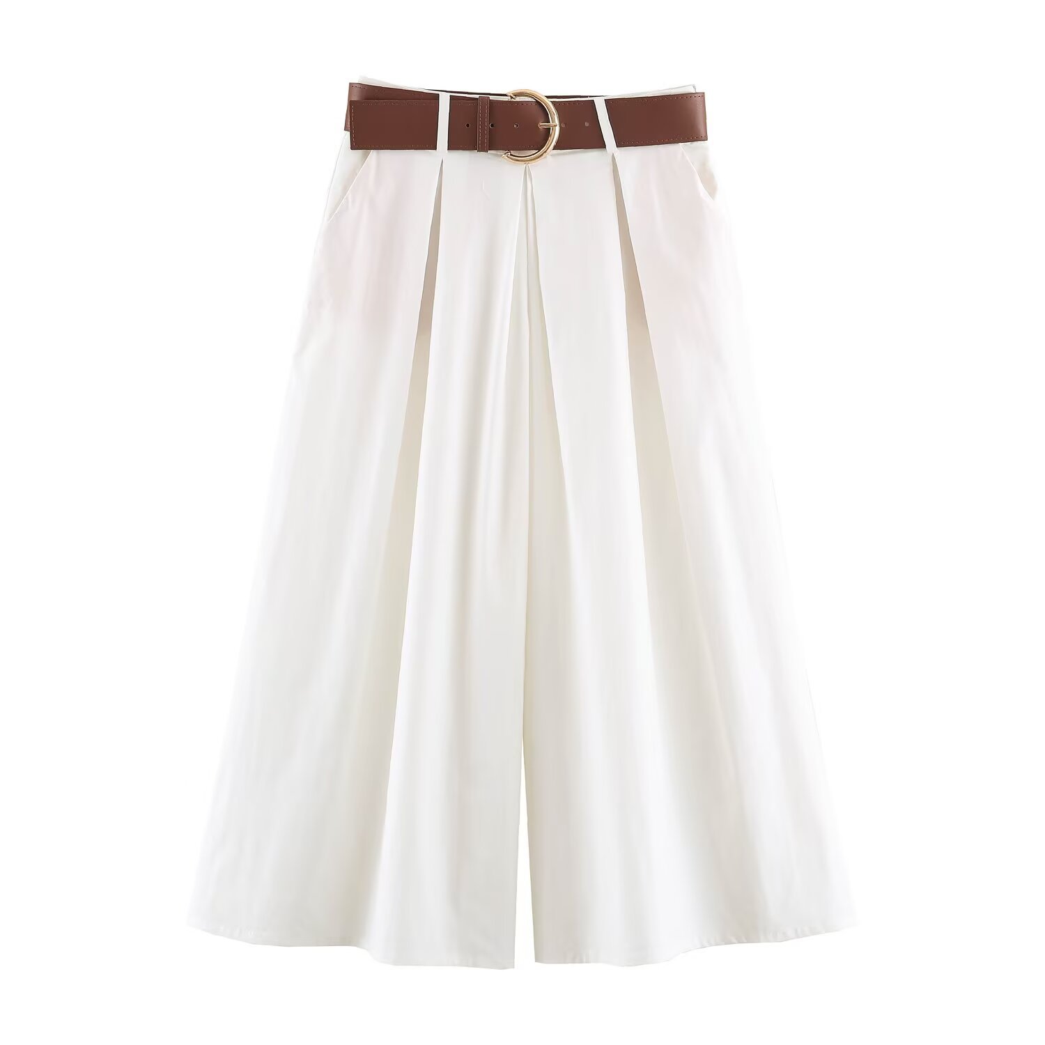 Women's Casual Wide-Leg Pants with Belt High Waist Solid