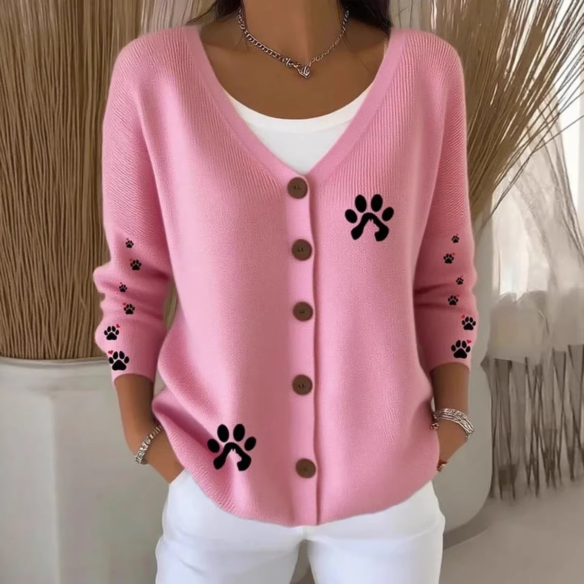 Women's Pet Print Ribbon Ghost Button Cardigan Sweater
