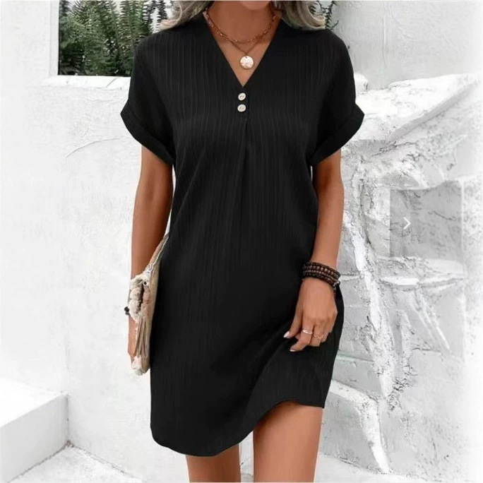 Women's Solid Short Sleeve V-Neck Button Midi A-Line Dress