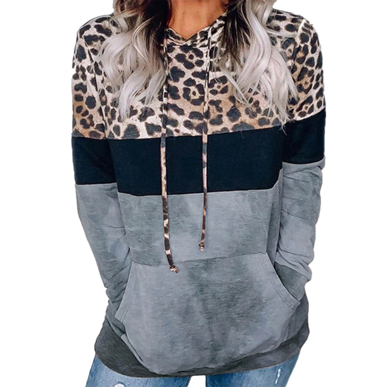 Women's Color-Block Leopard Print Hooded Sweatshirt