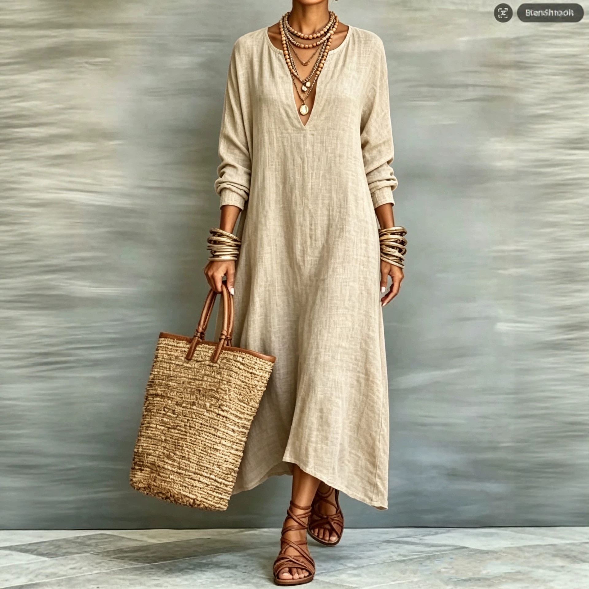 Retro Solid Deep V-Neck Long Sleeve Loose Maxi Dress