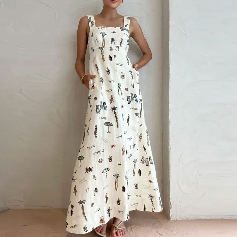 Women's Sleeveless Tie-Strap Printed A-Line Maxi Dress