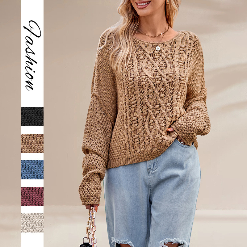 Crewneck Cable Knit Loose Solid Color Sweater for Women