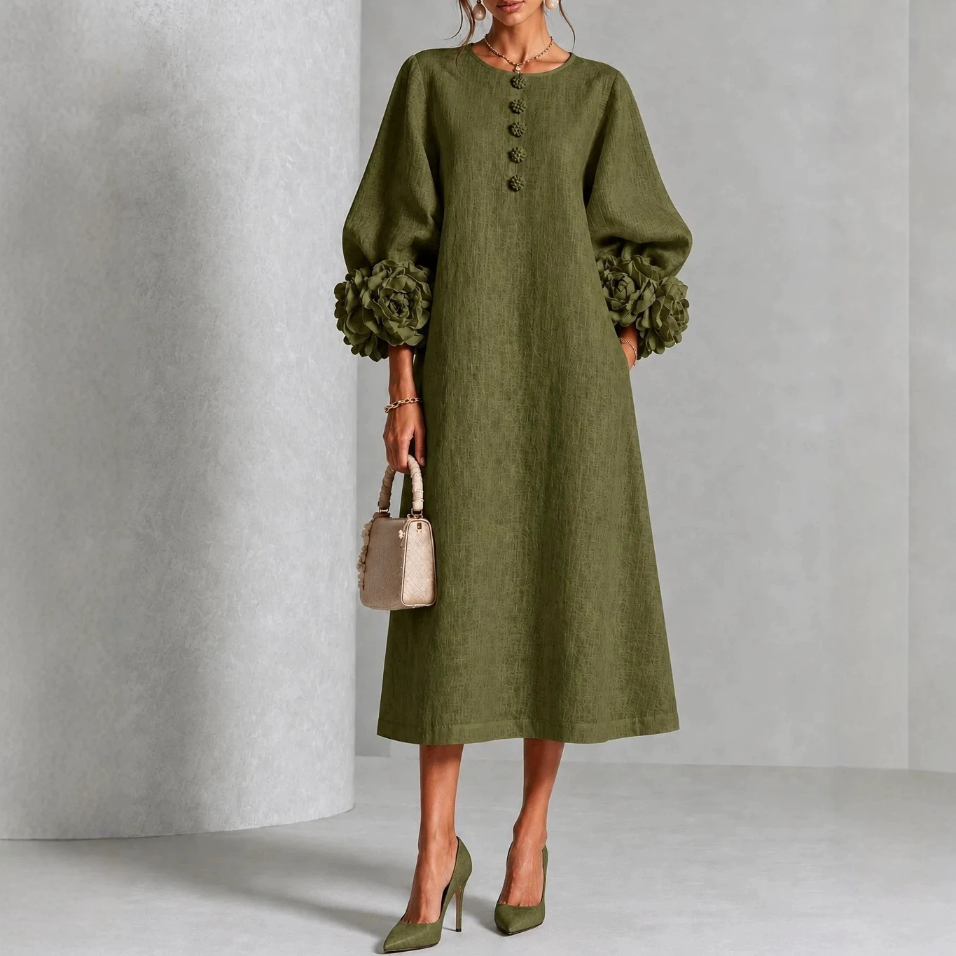 French 3D Floral Lantern Sleeve Midi Dress