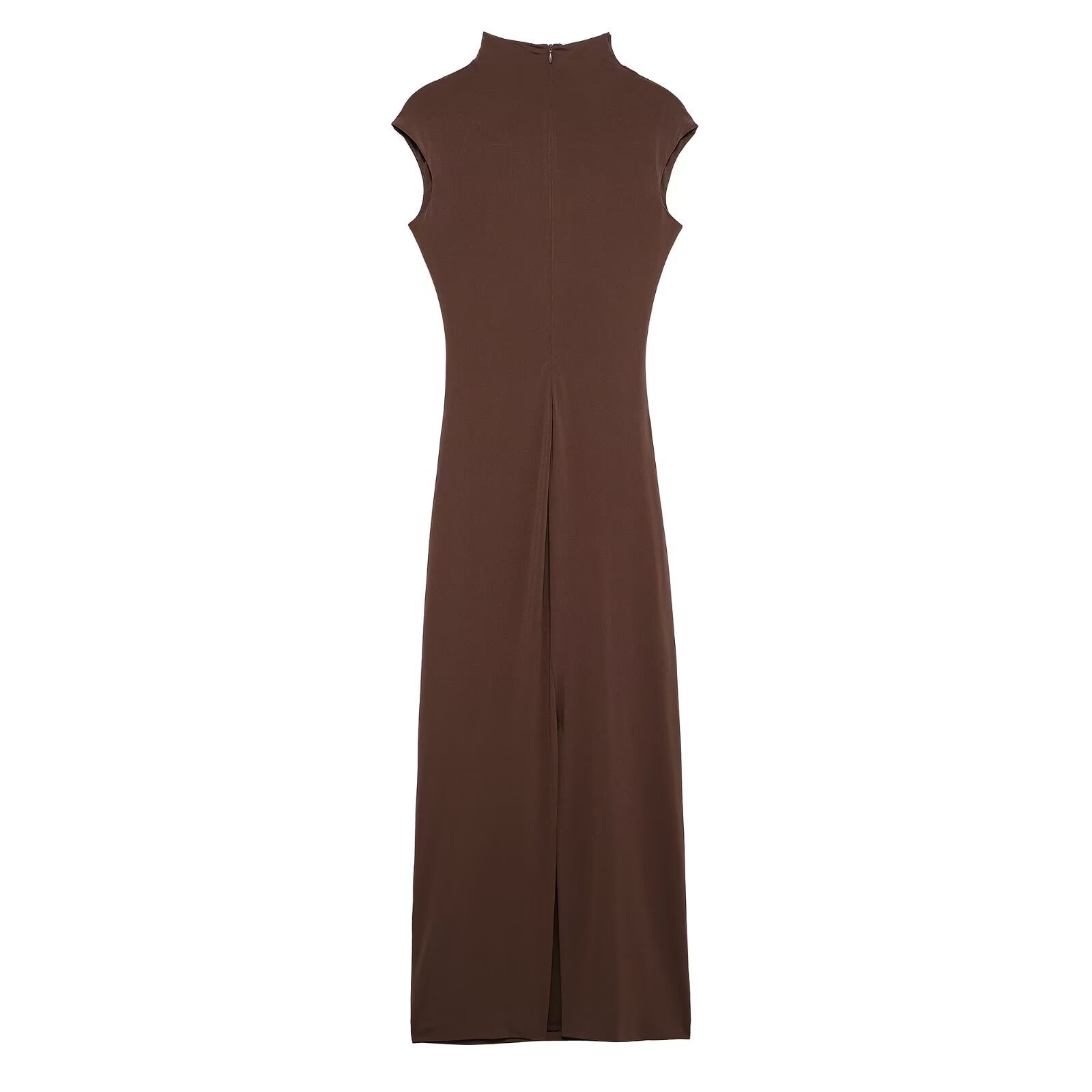 Women's Ruched Midi Dress with High Neck and Long Sleeves